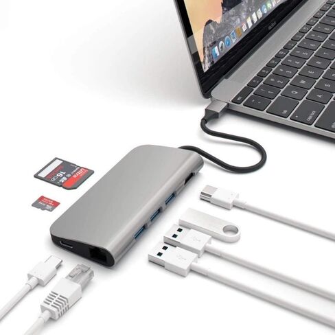 Satechi Aluminum Multi-Port Adapter 4K HDMI, USB-C Pass Through, Gigabit Ethernet, SD/Micro Card Readers, USB 3.0 - Compatible with 2022 MacBook Pro/Air M2, 2020 MacBook Pro/Air M1 (Silver) in Saudi Arabia