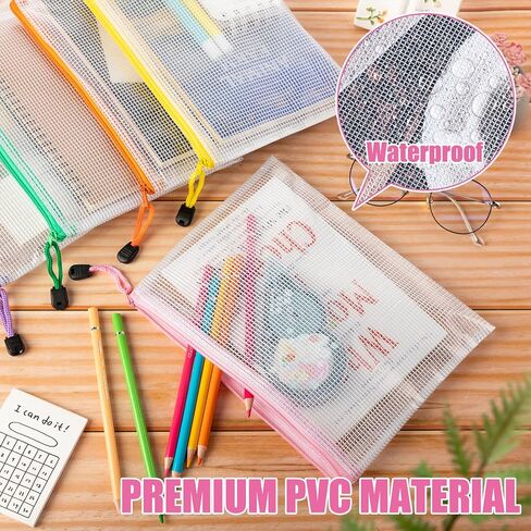 Fainne 100 Pcs Mesh Zipper Pouch, A5 Waterproof Plastic Pouches, 7.1" x 9.5" Travel Pouch Storage Bags with Zipper PVC Pouches Multipurpose Document Bags for Classroom Office Home (Bright Colors) in Saudi Arabia