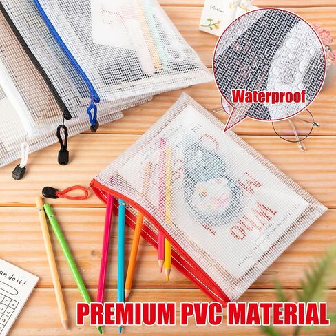 Fainne 100 Pcs Mesh Zipper Pouch, A5 Waterproof Plastic Pouches, 7.1" x 9.5" Travel Pouch Storage Bags with Zipper PVC Pouches Multipurpose Document Bags for Classroom Office Home (Bright Colors) in Saudi Arabia