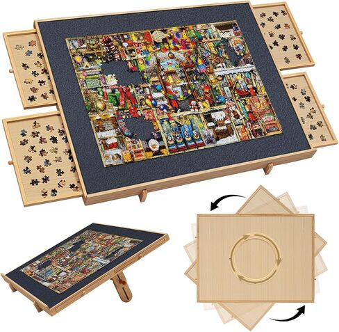 لوحة ألغاز TEAKMAMA 1500 قطعة مع 4 أدراج، لوحة ألغاز دوارة 2 في 1 مع حامل مائل، لوحة ألغاز مع غطاء، طاولة ألغاز خشبية محمولة مع سطح اللباد، 35 بوصة عرض × 27 بوصة عمق in Kuwait