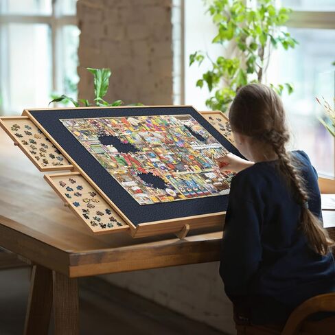 لوحة ألغاز TEAKMAMA 1500 قطعة مع 4 أدراج، لوحة ألغاز دوارة 2 في 1 مع حامل مائل، لوحة ألغاز مع غطاء، طاولة ألغاز خشبية محمولة مع سطح اللباد، 35 بوصة عرض × 27 بوصة عمق in Kuwait