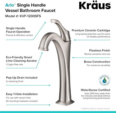 صنبور الحمام Kraus KVF-1200SFS Arlo، مصنوع من الفولاذ المقاوم للصدأ بدون بقع in Kuwait