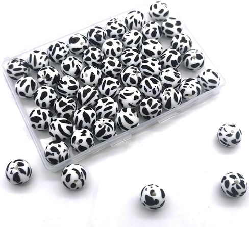 50 PCS Cow Print Silicone Beads 15mm Bulk, Printed Loose Rubber Round Focal Bead for Keychain Pens Necklace Bracelet Lanyard Making in Saudi Arabia