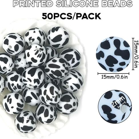 50 PCS Cow Print Silicone Beads 15mm Bulk, Printed Loose Rubber Round Focal Bead for Keychain Pens Necklace Bracelet Lanyard Making in Saudi Arabia