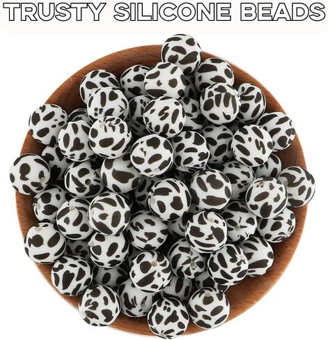 50 PCS Cow Print Silicone Beads 15mm Bulk, Printed Loose Rubber Round Focal Bead for Keychain Pens Necklace Bracelet Lanyard Making in Saudi Arabia