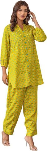 HAND EMBROIDERED YELLOW FUCHSIA PINK PRINT ART SILK CO-ORD SET in Saudi Arabia