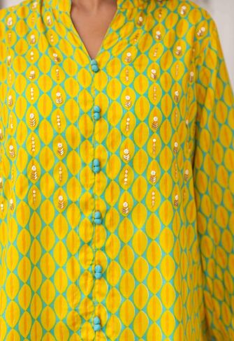 HAND EMBROIDERED YELLOW FUCHSIA PINK PRINT ART SILK CO-ORD SET in Saudi Arabia