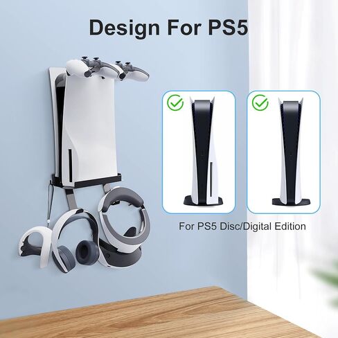 yoxxzus PS5 Wall Mount Kit Compatible with PS5 Digital/Disc Edition, With Hooks to Store VR Glasses, Headset, PS5 Controllers in Saudi Arabia