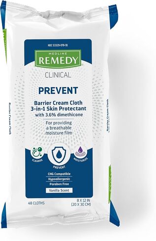 قطعة قماش كريمية حاجزة 3 في 1 من ميدلاين ريميدي كلينيك، 48 قطعة (12 عبوة)، 8 × 8 في مناديل مبللة للبالغين، رائحة الفانيليا، العناية بسلس البول، دايميثيكون، البشرة المتهيجة، مهدئة، مغذية، لطيفة in Kuwait