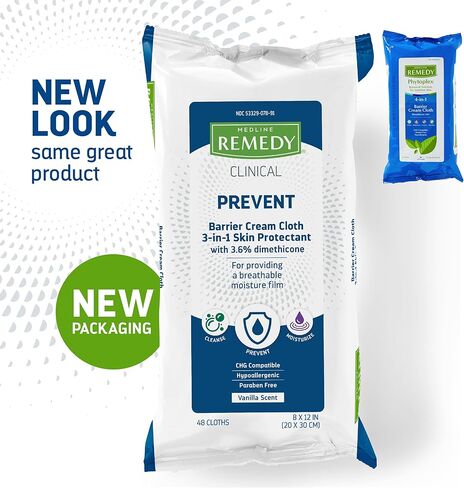 قطعة قماش كريمية حاجزة 3 في 1 من ميدلاين ريميدي كلينيك، 48 قطعة (12 عبوة)، 8 × 8 في مناديل مبللة للبالغين، رائحة الفانيليا، العناية بسلس البول، دايميثيكون، البشرة المتهيجة، مهدئة، مغذية، لطيفة in Kuwait