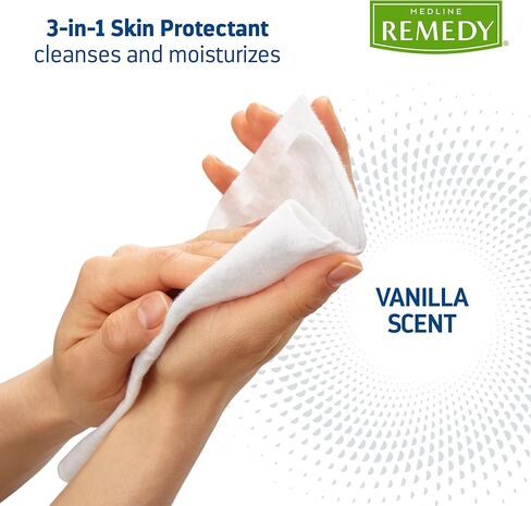 قطعة قماش كريمية حاجزة 3 في 1 من ميدلاين ريميدي كلينيك، 48 قطعة (12 عبوة)، 8 × 8 في مناديل مبللة للبالغين، رائحة الفانيليا، العناية بسلس البول، دايميثيكون، البشرة المتهيجة، مهدئة، مغذية، لطيفة in Kuwait