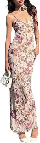 Women's Floral Bodycon Maxi Dress Spaghetti Strap Sexy Long Dress 2024 Summer Backless Wedding Guest Cocktail Dress in Saudi Arabia
