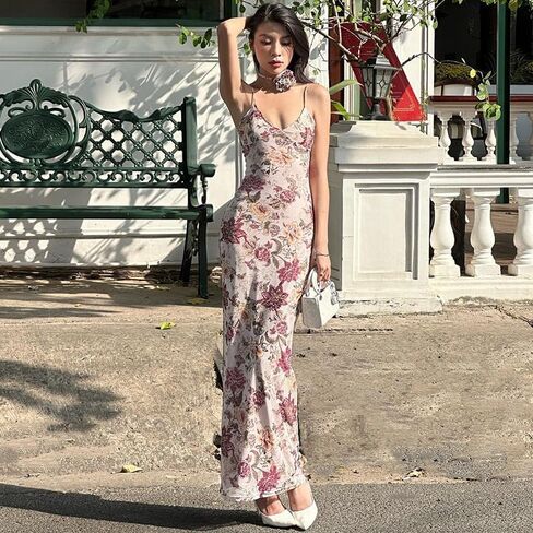 Women's Floral Bodycon Maxi Dress Spaghetti Strap Sexy Long Dress 2024 Summer Backless Wedding Guest Cocktail Dress in Saudi Arabia