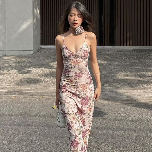 Women's Floral Bodycon Maxi Dress Spaghetti Strap Sexy Long Dress 2024 Summer Backless Wedding Guest Cocktail Dress in Saudi Arabia
