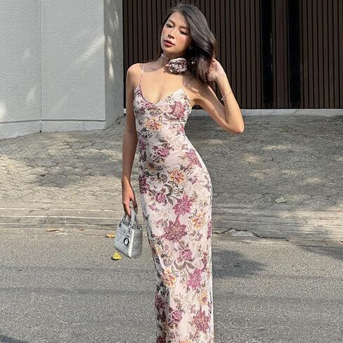 Women's Floral Bodycon Maxi Dress Spaghetti Strap Sexy Long Dress 2024 Summer Backless Wedding Guest Cocktail Dress in Saudi Arabia