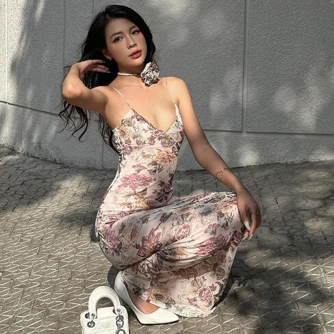 Women's Floral Bodycon Maxi Dress Spaghetti Strap Sexy Long Dress 2024 Summer Backless Wedding Guest Cocktail Dress in Saudi Arabia