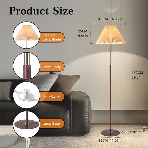 Pleated Floor Lamp, Wood Grain Farmhouse Floor Lamp with Pleated Shape, Vintage Floor Lamp Standing Lamp Tall Lamp for Living Room, Office, Bedroom, Reading in Saudi Arabia