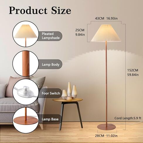 Pleated Floor Lamp, Wood Grain Farmhouse Floor Lamp with Pleated Shape, Vintage Floor Lamp Standing Lamp Tall Lamp for Living Room, Office, Bedroom, Reading in Saudi Arabia