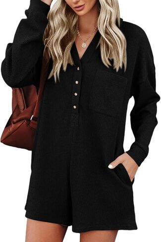 Saodimallsu Women's V Neck Button Down Romper Fall Casual Waffle Knit Long Sleeve Playsuit Short One Piece Jumpsuit Outfit with Pocket (Black, X-Large) in Saudi Arabia
