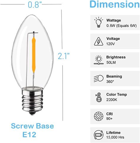 C7 Christmas Replacement LED Light Bulbs, E12 Chandelier Base LED Night Bulbs, 5W 6W 7W Incandescent Equivalent, Warm White 2200K, Clear Plastic Bulbs for Christmas String Light - 25 Pack in Saudi Arabia