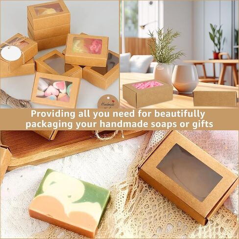 YAYODS 100 Pack Soap Boxes for Homemade 3.33" x 2.35" x 1.18" Small Soap Boxes Packaging Kraft Soap Box with Window Mini Kraft Paper Gift Boxes for Homemade Soap, Bakery, Candy, Cookies in Saudi Arabia