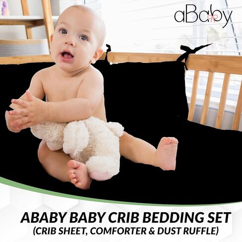 aBaby Baby Crib Bedding Set – 3 Piece Premium Quality Nursery Bedding for Boys and Girls, Includes Super Soft & Machine Washable Fitted Crib Sheet, Comforter and Dust Ruffle, Black in Saudi Arabia