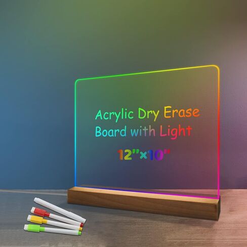 Acrylic Dry Erase Board with Light, Light up Dry Erase Board with Stand as a Glow Memo LED Letter Message Board Note Glass Led White Board with 4 Markers and 8 Lighting Modes (11.8 x 9.8") in Saudi Arabia