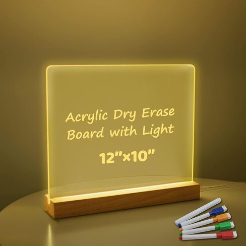 Acrylic Dry Erase Board with Light, Light up Dry Erase Board with Stand as a Glow Memo LED Letter Message Board Note Glass Led White Board with 4 Markers and 8 Lighting Modes (11.8 x 9.8") in Kuwait