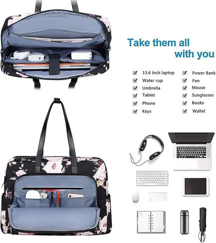 MOSISO Laptop Tote Bag Compatible with MacBook Pro 16 inch 2023-2019 M2 A2780 M1 A2485 Pro/Max A2141, 15-15.6 inch Notebook, Peony Polyester Travel Work Briefcase with Front Pocket & PU Handle, Black in Saudi Arabia