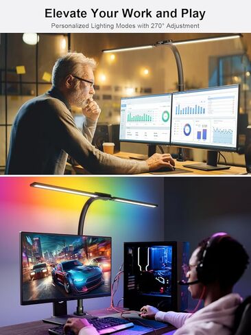 مصباح مكتب بذراع متأرجح مزدوج RGB - ضوء مكتب تعتيم تلقائي فائق السطوع 24 وات، تعديل متعدد الزوايا، مصباح سطح المكتب للتحكم باللمس - مثالي للمكتب المنزلي، والألعاب، والقراءة، والعمل in Kuwait