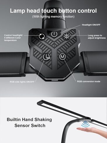 مصباح مكتب بذراع متأرجح مزدوج RGB - ضوء مكتب تعتيم تلقائي فائق السطوع 24 وات، تعديل متعدد الزوايا، مصباح سطح المكتب للتحكم باللمس - مثالي للمكتب المنزلي، والألعاب، والقراءة، والعمل in Kuwait