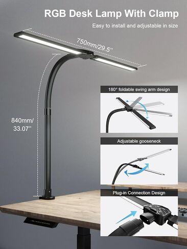 مصباح مكتب بذراع متأرجح مزدوج RGB - ضوء مكتب تعتيم تلقائي فائق السطوع 24 وات، تعديل متعدد الزوايا، مصباح سطح المكتب للتحكم باللمس - مثالي للمكتب المنزلي، والألعاب، والقراءة، والعمل in Kuwait