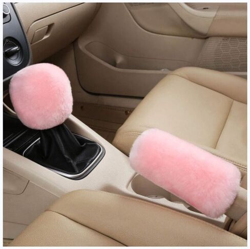 2Pcs Set Soft Fluffy Auto Gear Shift Knob Cover Handbrake Grip Cover/Pink in Saudi Arabia