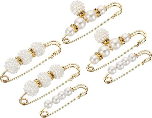 MECCANIXITY Pearl Brooch Pins 3 Styles 1.5/2.3/2.3 Inch Metal Faux Pearl Decorative Collar Safety Pins Clips for Women Clothing Dress Pants Trousers Skirt Waist, White, 6pcs in Saudi Arabia