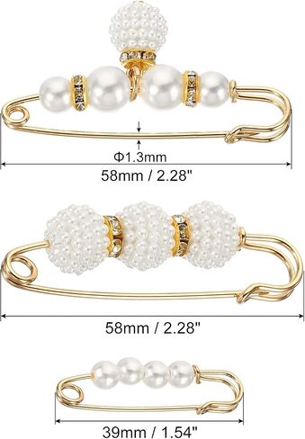 MECCANIXITY Pearl Brooch Pins 3 Styles 1.5/2.3/2.3 Inch Metal Faux Pearl Decorative Collar Safety Pins Clips for Women Clothing Dress Pants Trousers Skirt Waist, White, 6pcs in Saudi Arabia