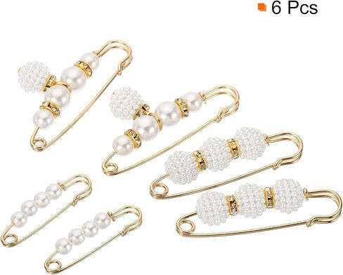 MECCANIXITY Pearl Brooch Pins 3 Styles 1.5/2.3/2.3 Inch Metal Faux Pearl Decorative Collar Safety Pins Clips for Women Clothing Dress Pants Trousers Skirt Waist, White, 6pcs in Saudi Arabia