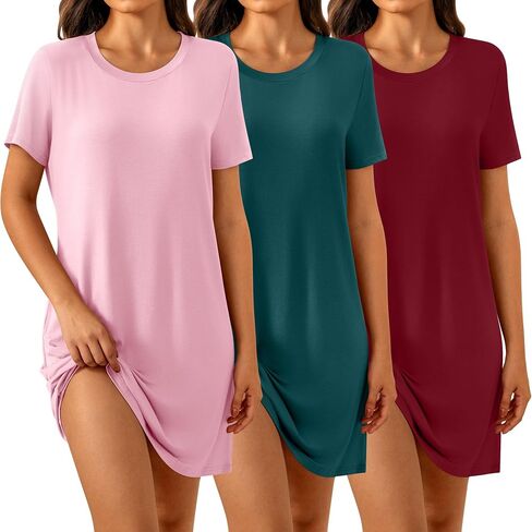3 Pack Women's Soft Nightdress, Short Sleeve Crewneck Nightgowns Casual Plain Sleepshirts Loose Solid Sleep Dress in Saudi Arabia