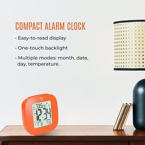 Marathon Compact Alarm Clock with Temperature & Date, Orange - Large, Easy to Read Display with Backlight - Easy to Set Up & Use - Two AAA Batteries Included in Saudi Arabia