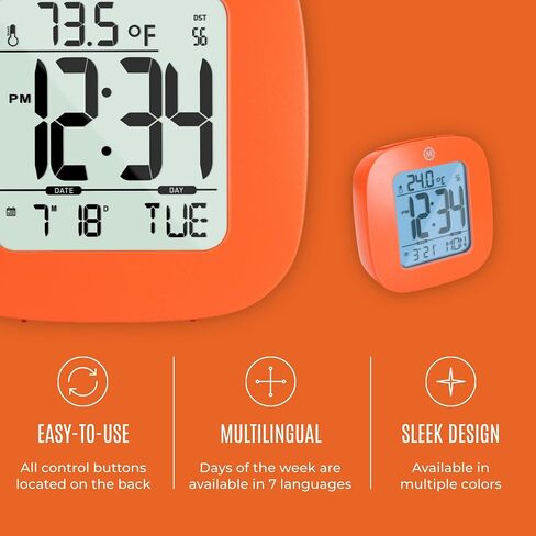 Marathon Compact Alarm Clock with Temperature & Date, Orange - Large, Easy to Read Display with Backlight - Easy to Set Up & Use - Two AAA Batteries Included in Saudi Arabia