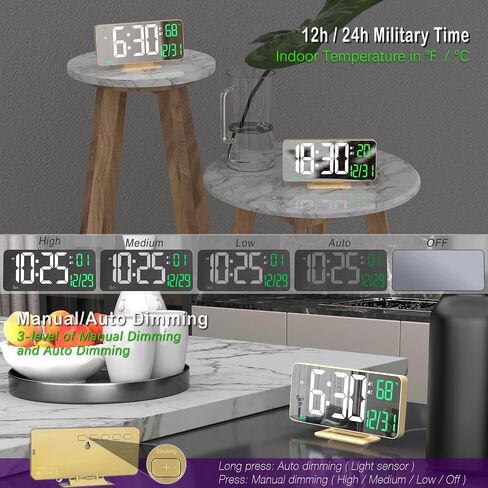 KOSUMOSU Desk Clock for Bedroom Accessories 6.7in Gold Digital Alarm Clock with Dimming,12/24h, Date, Day of Week, Temp, LED Clock, Modern Digital Calendar Clocks for Living Room Essentials in Kuwait