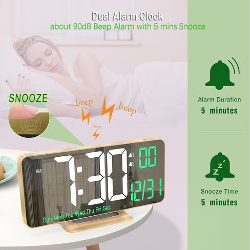 KOSUMOSU Desk Clock for Bedroom Accessories 6.7in Gold Digital Alarm Clock with Dimming,12/24h, Date, Day of Week, Temp, LED Clock, Modern Digital Calendar Clocks for Living Room Essentials in Kuwait