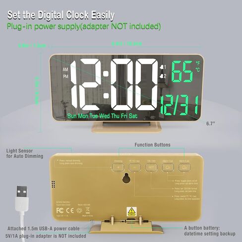 KOSUMOSU Desk Clock for Bedroom Accessories 6.7in Gold Digital Alarm Clock with Dimming,12/24h, Date, Day of Week, Temp, LED Clock, Modern Digital Calendar Clocks for Living Room Essentials in Kuwait
