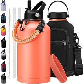 64 oz Water Bottle with Straw Stainless Steel - Wide Mouth 1/2 Gallon Water Bottles Keep Ice Cold-48H & Hot-24H, Double-wall Metal Water Jug w/Paracord Handle, Water Bottle Sleeve, Protective Boot