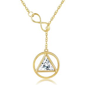 14K Gold AA Recovery Necklace 14K Solid Yellow Gold Crystal AA Alcoholics Anonymous Recovery Sobriety Pendant Sober Jewelry Gifts for Women