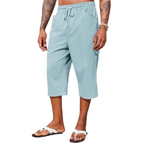 Runcati Mens Harem Capri Pants Casual Elastic Waist Cotton 3/4 Shorts Summer Beach Yoga Tapered Trousers