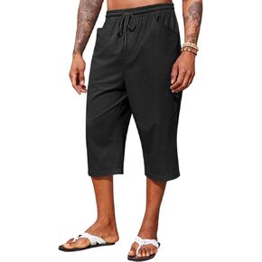 Runcati Mens Harem Capri Pants Casual Elastic Waist Cotton 3/4 Shorts Summer Beach Yoga Tapered Trousers