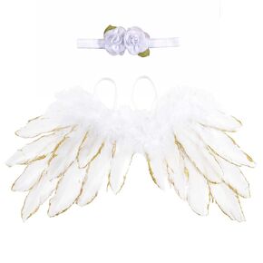 June Bloomy Baby Angel White Feather Wings Gold Trimming Flower Headband Set Photograph Props (White Golden Trimming)