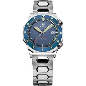 NOVE Marine - Swiss Made Automatic Dive Watches for Men and Women, 13.05mm Thin, 44mm Case Size, 300m Water Resistance, 44mm Case Size, Blue & Stainless Steel