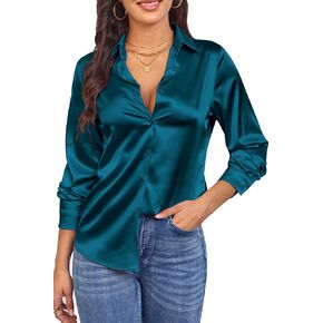 Womens Satin Silk Button Down Shirt Long Sleeve Blouse Silky Smooth Subtle Shine Blouses Tops in Kuwait