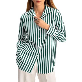 Cicy Bell Womens Striped Button Down Shirts Casual Satin Long Sleeve Loose Work Blouse Tops